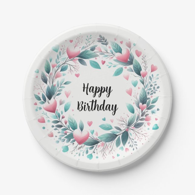 Assiettes En Carton Pink Aqua Heart Anniversaire Wreath (Devant)