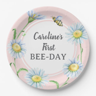 Assiettes En Carton Pink Bee-Day Birthday Paper Plates with Daisies