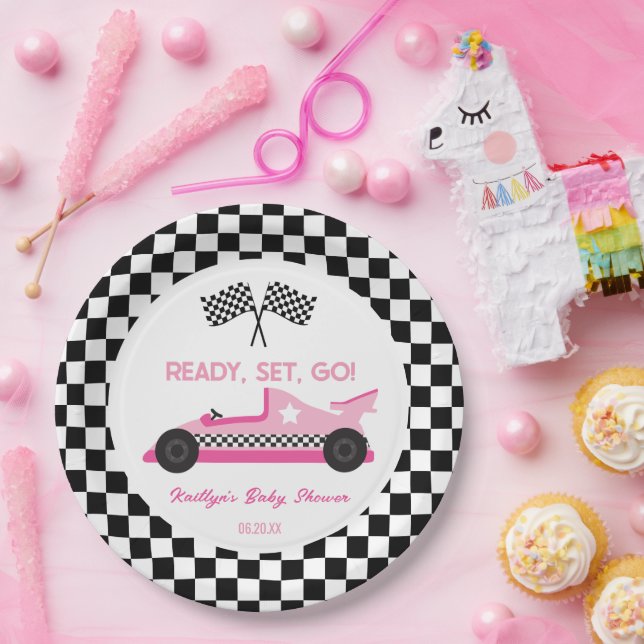 Assiettes En Carton Pink Black Race Car Ready Set Go Baby shower (Fête)