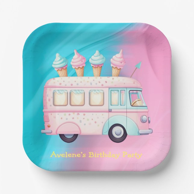 Assiettes En Carton Pink Blue Ice Cream Camion fête d'anniversaire (Recto)