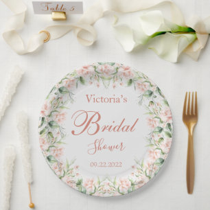 Assiettes En Carton Pink Blush Floral Nom élégant Fête des mariées ros