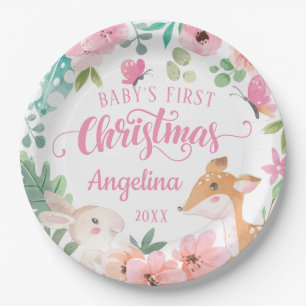 Assiettes En Carton Pink Blush Floral Woodland Baby's 1er Noël