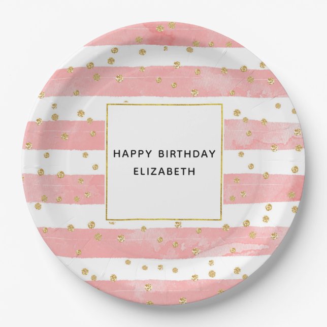 Assiettes En Carton Pink Blush Stripes & Faux Gold Confetti Anniversai (Devant)