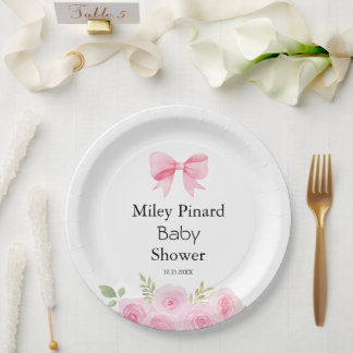 Assiettes En Carton Pink Bow and Floral Baby Shower