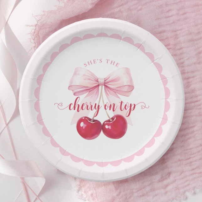 Assiettes En Carton Pink Bow Cherry Baby Shower Paper Plates (Créateur téléchargé)