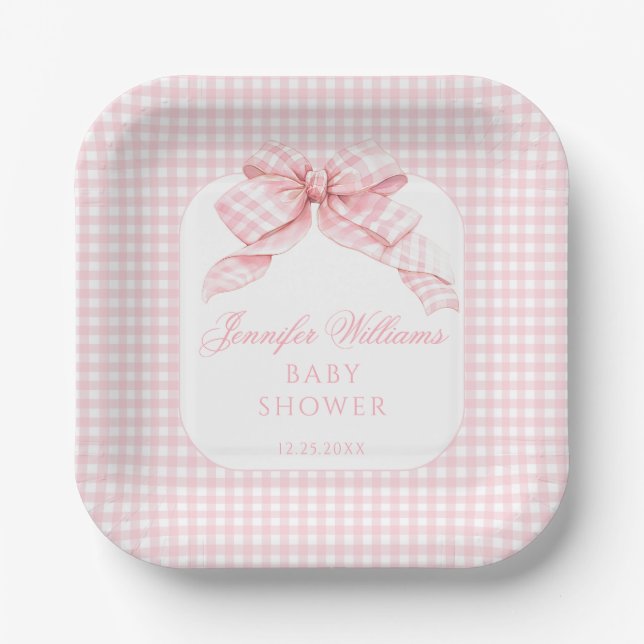 Assiettes En Carton Pink Bow En vichy Coquette Bébé Fille Douche (Recto)