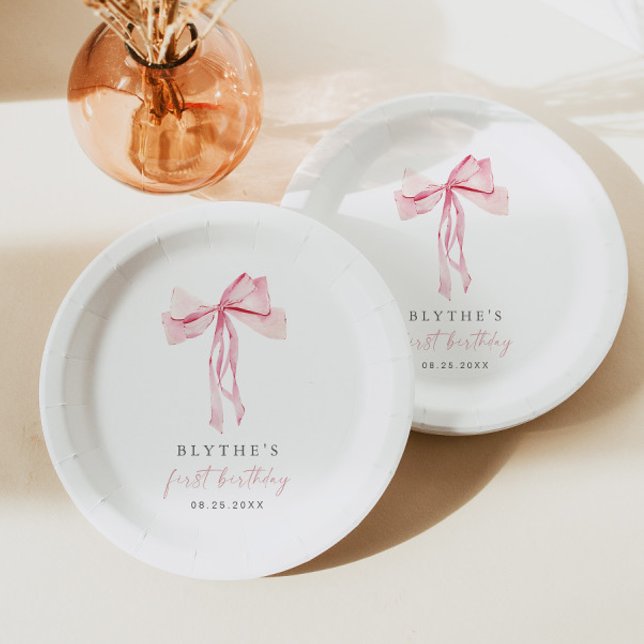 Assiettes En Carton Pink Bow Premier Anniversaire Papier Plaque Girl B (Créateur téléchargé)