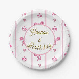 Assiettes En Carton Pink Bow Vertical Stripe -preppy coquette annivers
