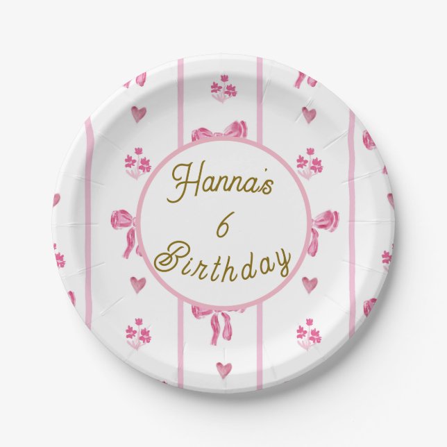 Assiettes En Carton Pink Bow Vertical Stripe -preppy coquette annivers (Devant)