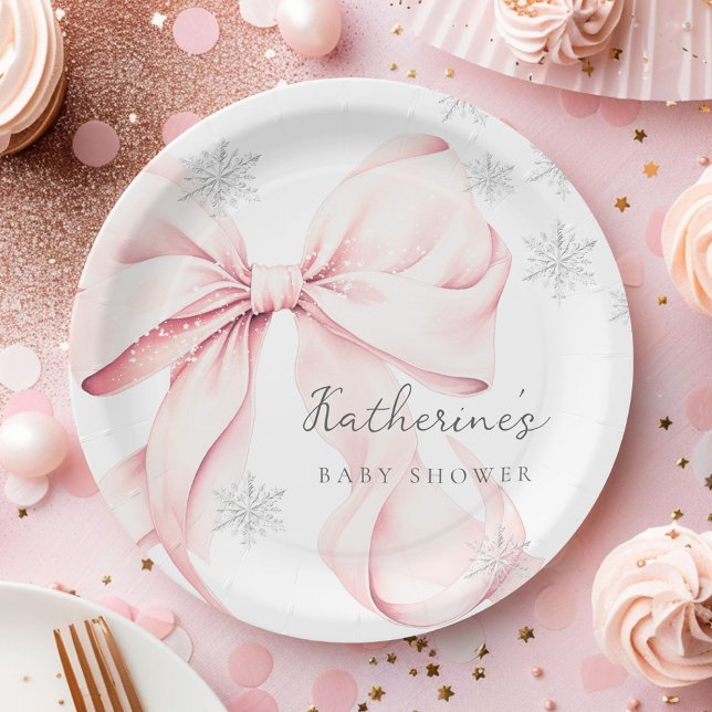 Assiettes En Carton Pink Bow Winter Baby Shower Party Paper Plate (Créateur téléchargé)