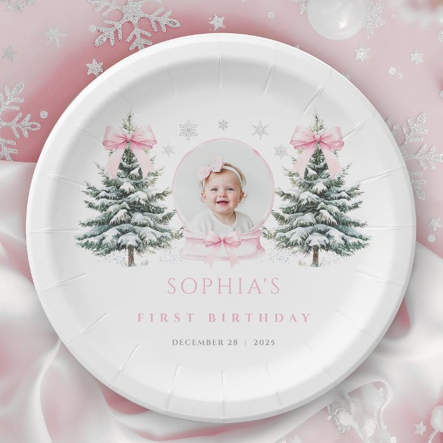 Assiettes En Carton Pink Bow Winter Onederland First Birthday (Créateur téléchargé)