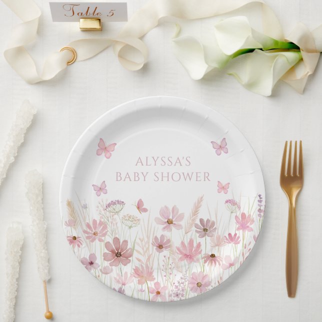 Assiettes En Carton Pink Butterfly Wildflowers Baby Shower (Mariage)