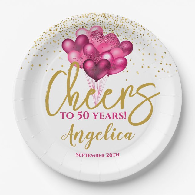 Assiettes En Carton Pink Cheers À 50 Ans 50ème Anniversaire (Devant)