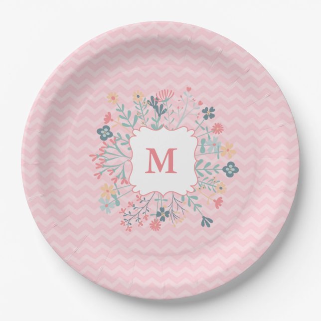 Assiettes En Carton Pink Chevron Monogram Plaques de papier personnali (Devant)
