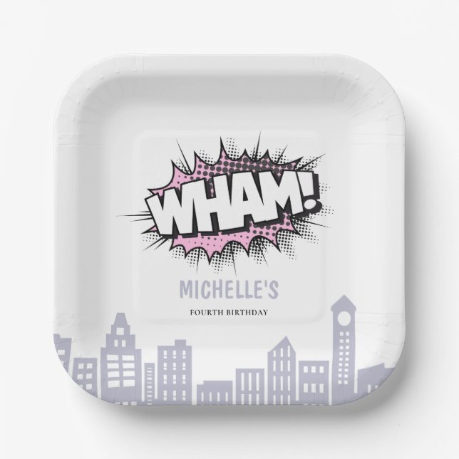 Assiettes En Carton Pink Comics Livre Superhero Anniversaire (Recto)