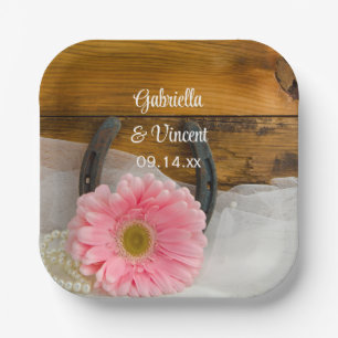 Assiettes En Carton Pink Daisy et Horseshoe Country Western Mariage