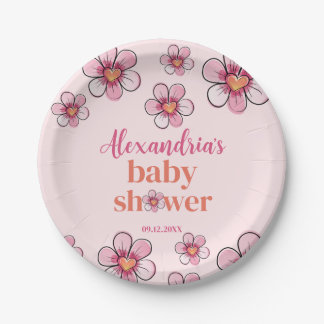 Assiettes En Carton Pink Daisy Flower Girls Baby Shower 