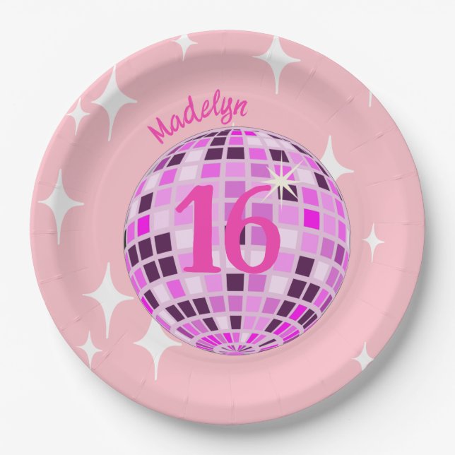 Assiettes En Carton Pink Disco Ball Sweet sixteen 16e anniversaire (Devant)