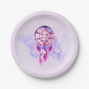 Assiettes En Carton Pink Dreamcatcher On Purple Watercolor