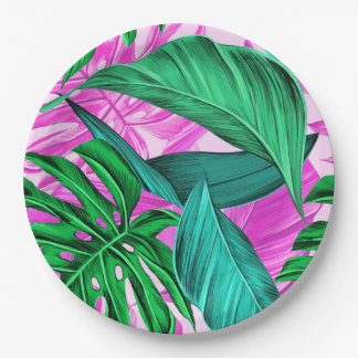 Assiettes En Carton Pink et Feuilles verts tropicaux