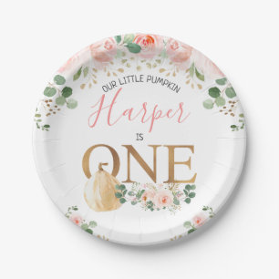 Assiettes En Carton Pink Floral Citrouille Gold Première fête d'annive