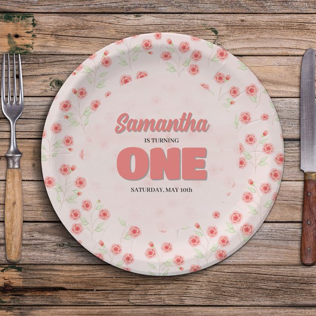 Assiettes En Carton Pink Floral First Birthday Girl Party Custom (Cute pink floral party paper plates. )