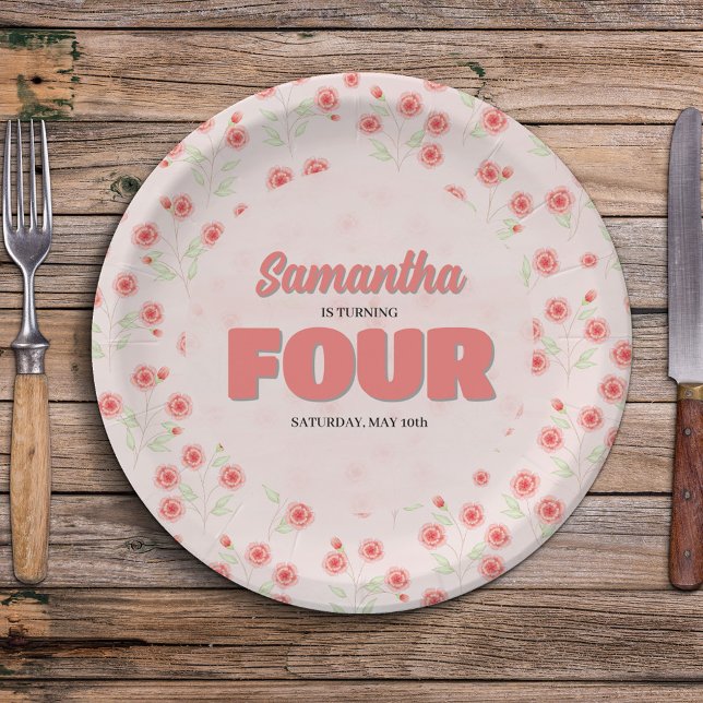 Assiettes En Carton Pink Floral Fourth Birthday Girl Party Custom (Cute pink floral custom party paper plates. )