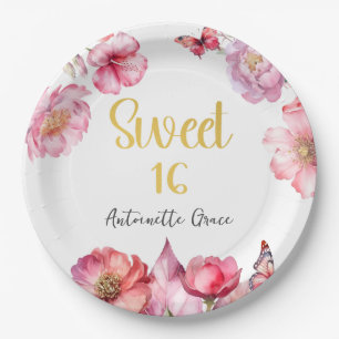Assiettes En Carton Pink Floral Gold Script Sweet 16 Anniversaire