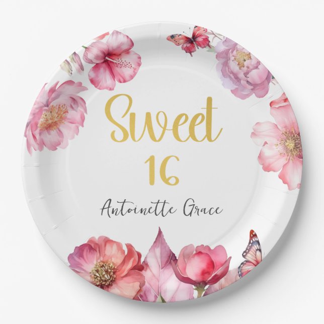 Assiettes En Carton Pink Floral Gold Script Sweet 16 Anniversaire (Devant)