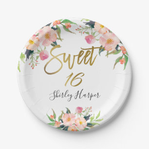 Assiettes En Carton Pink Floral Gold Script Sweet sixteen 16 Anniversa