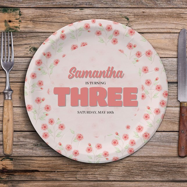Assiettes En Carton Pink Floral Third Birthday Girl Party Custom (Girls Birthday party Custom Party Paper plates.)