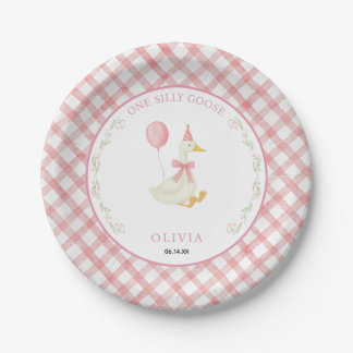 Assiettes En Carton Pink Gingham Floral One Silly Goose 1st Birthday