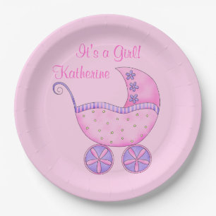 Assiettes En Carton Pink Girl Baby Buggy C'est un nom de fille Personn