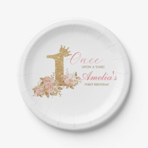 Assiettes En Carton Pink Gold Couronne Princesse Premier anniversaire