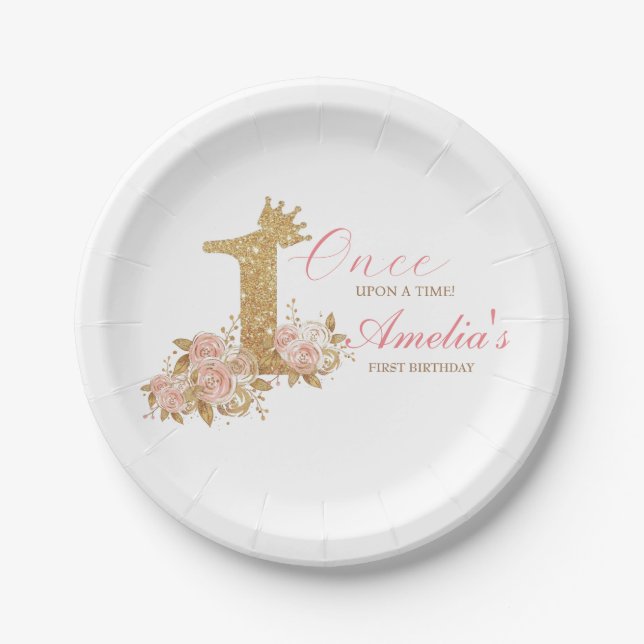 Assiettes En Carton Pink Gold Couronne Princesse Premier anniversaire (Devant)