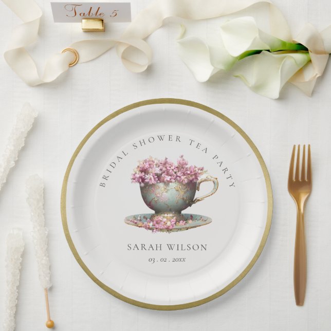 Assiettes En Carton Pink Gold Floral Teacup Fête des mariées Tea Party (Mariage)