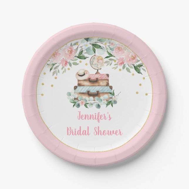 Assiettes En Carton Pink Gold Floral Voyage Mlle À Mme Fête des mariée (Devant)