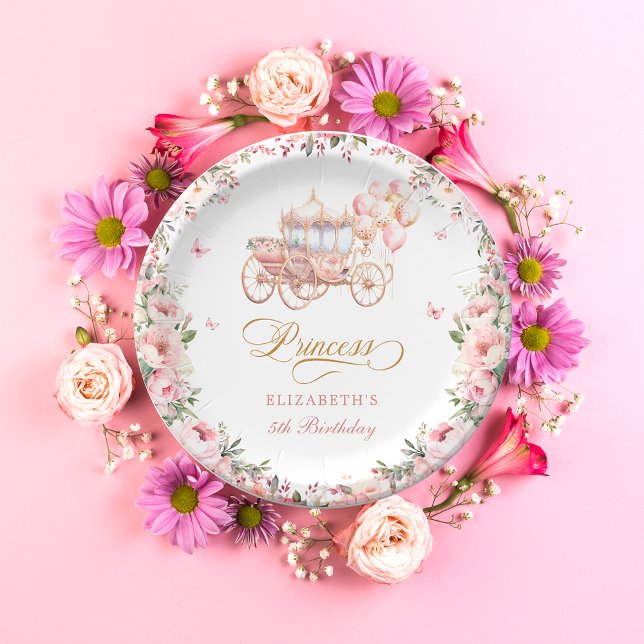Assiettes En Carton Pink Gold Princess Anniversaire de fête Carriage (Créateur téléchargé)
