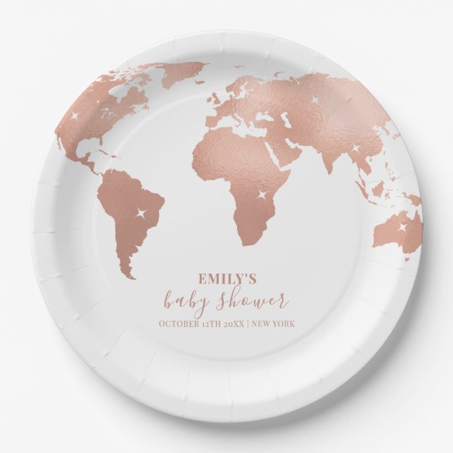 Assiettes En Carton Pink Gold World Map Voyage Baby shower d'aventure (Devant)