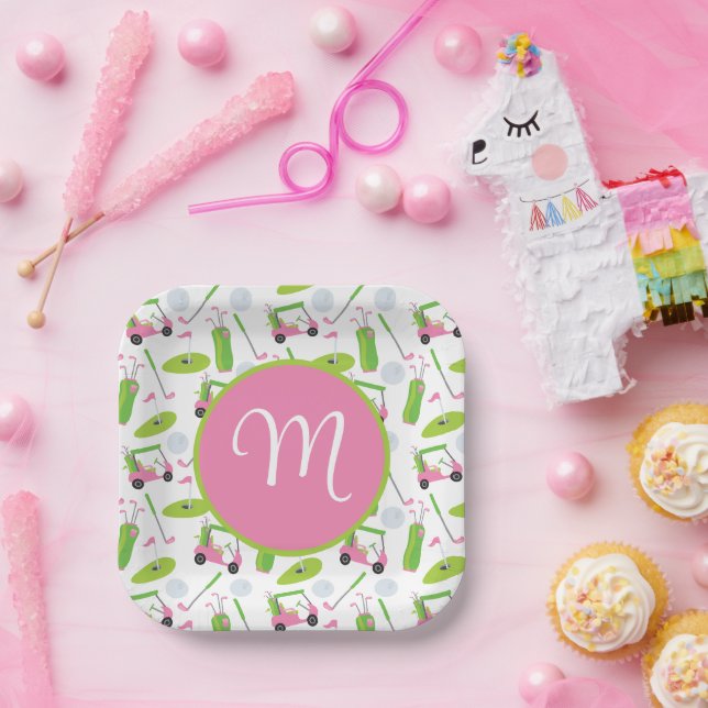 Assiettes En Carton Pink & Green Golf Personnalisé Monogramme (Fête)