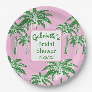 Assiettes En Carton Pink Green Palm Tree Fête des mariées Nom personna