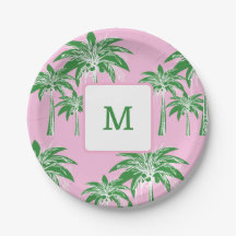 Pink Green Palm Tree Preppy Monogramme d'été 7 pou