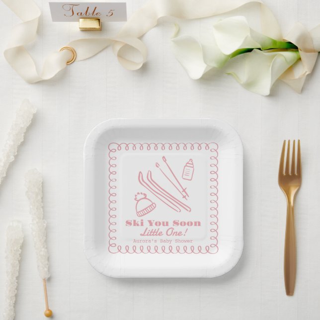 Assiettes En Carton Pink Hand-Drawn Ski You Soon Girl Baby Shower (Mariage)