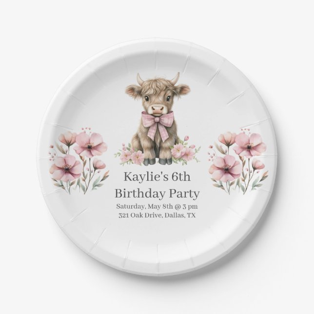 Assiettes En Carton Pink Highland Cow fête d'anniversaire (Devant)