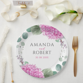Assiettes En Carton Pink Hydrangea Flowers Watercolor Elegant Wedding