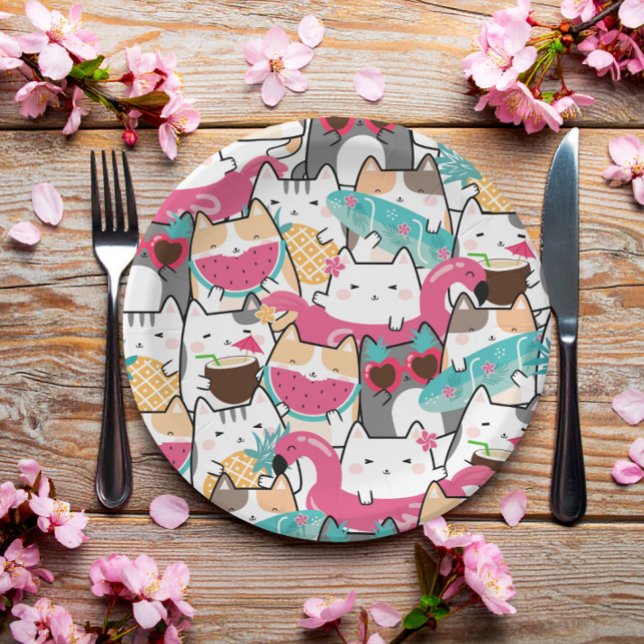 Assiettes En Carton Pink Kawaii Cats Pool Party Anniversaire (Créateur téléchargé)