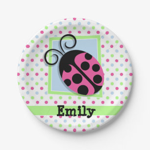 Assiettes En Carton Pink Ladybug, Rose, Bleu, Vert, Pois