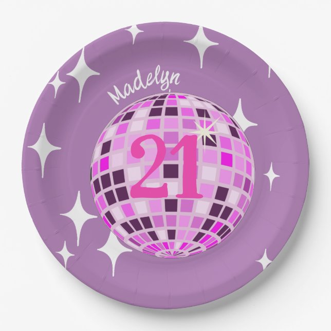 Assiettes En Carton Pink Modern Disco Mirror Ball 21e anniversaire (Devant)