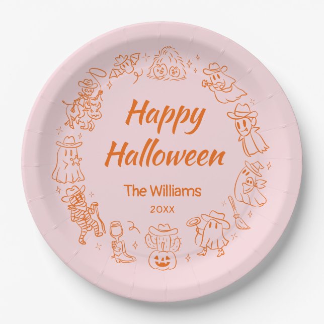 Assiettes En Carton Pink Orange Quirky Main Glissé Happy Halloween (Devant)