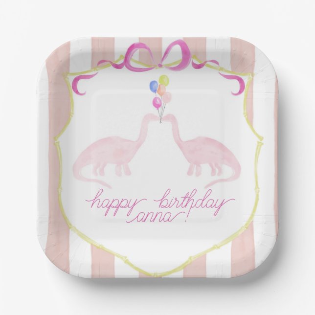 Assiettes En Carton Pink Pastel Dinosaur Plaque de fête d'anniversaire (Recto)